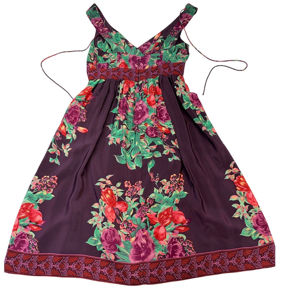 Plenty by Tracy Reese Silk Floral Empire Waist Midi Dress Purple Red Green 8